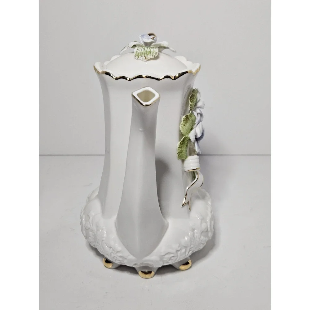 Porcelain Teapot 3D Applied Purple Violet Flowers White Gold Trim Footed Vintage